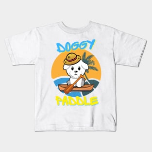 Cute furry Dog is paddling on a boat Kids T-Shirt